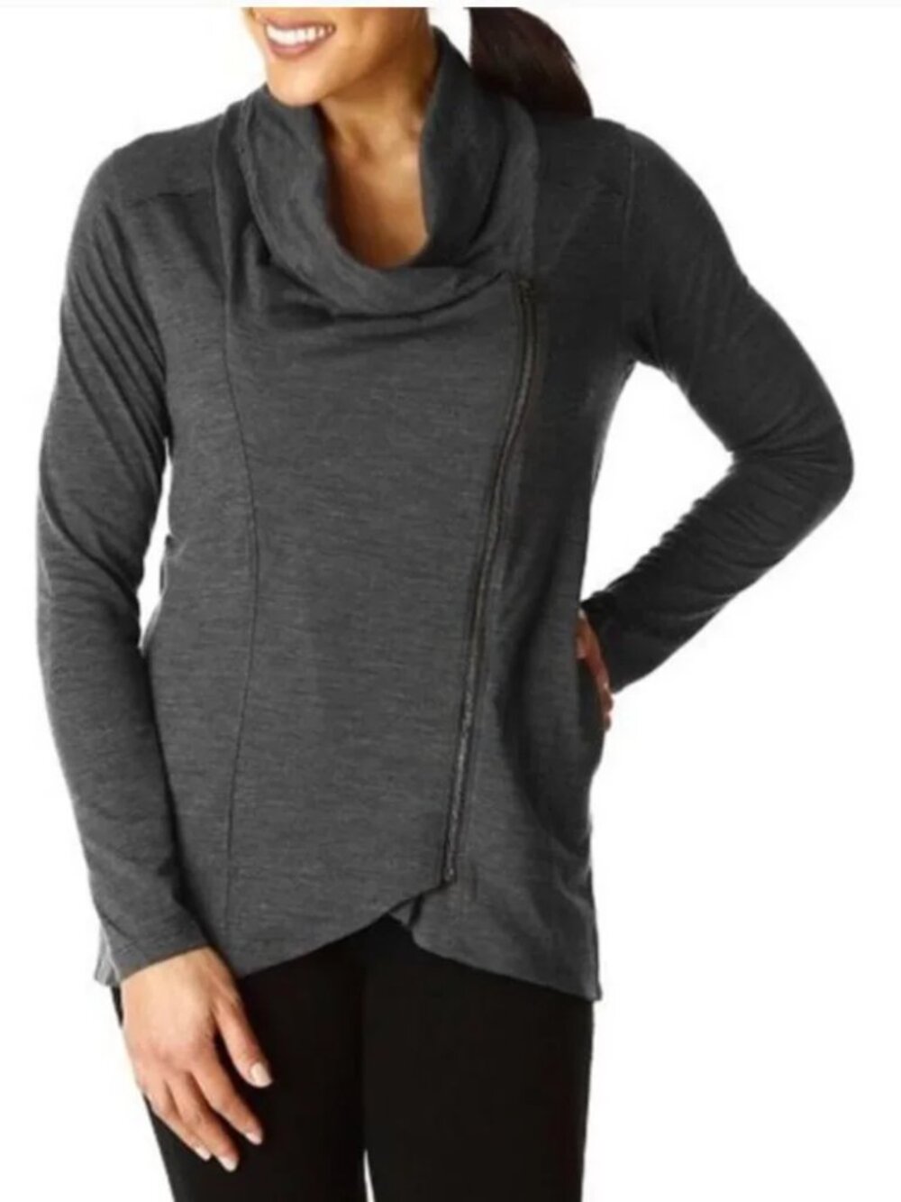 IBEX Freya Cardigan Sweater Womens Medium Gray Merino Wool Cowl Neck Zip